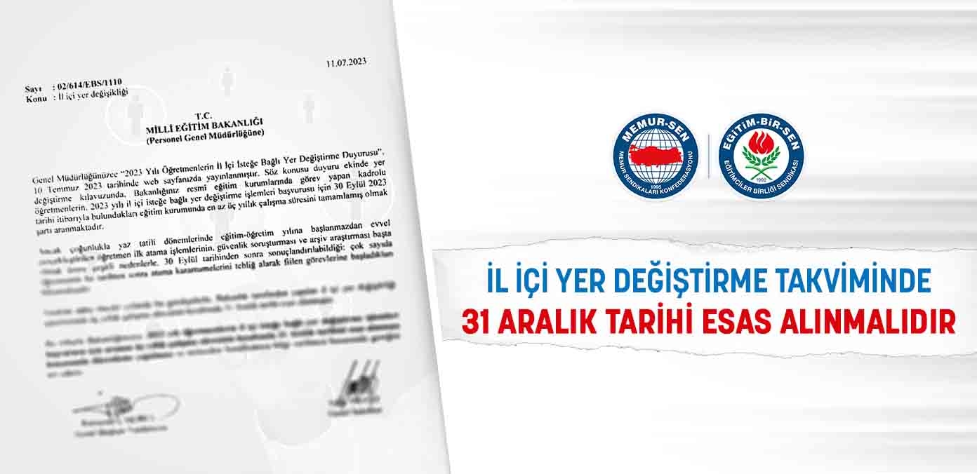 İl içi yer değiştirme takviminde 31 Aralık tarihi esas alınmalıdır